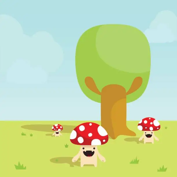 Vector illustration of Cute Little Vector Magic Mushrooms Enjoying The Sunny Day