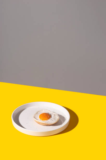 Fried egg on a white plate on a yellow background with shadows.