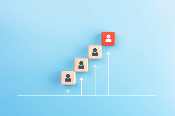 istock Personal development and Career growth concept, Wooden cubes stacking as step stair with person icons and white arrow up on blue background 1248770821