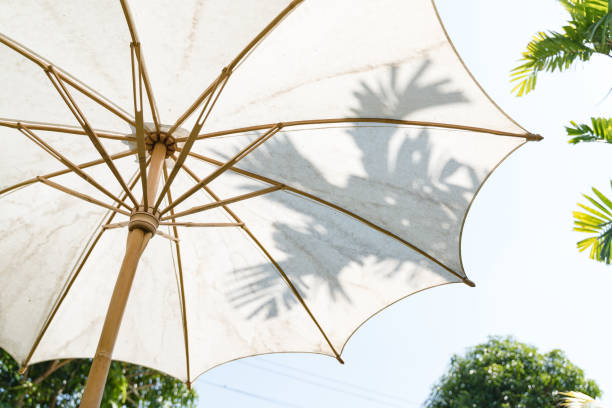 Handmade white cotton Asian garden umbrella made of bamboo wood in Thailand