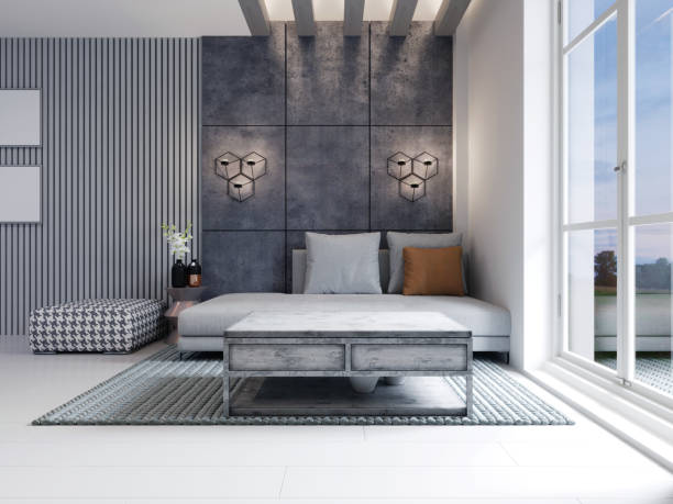 istock Modern area with a TV in a studio apartment with a loft style kitchen in white color. Designer dining table, modern kitchen and sofa with ottoman. 1248772635