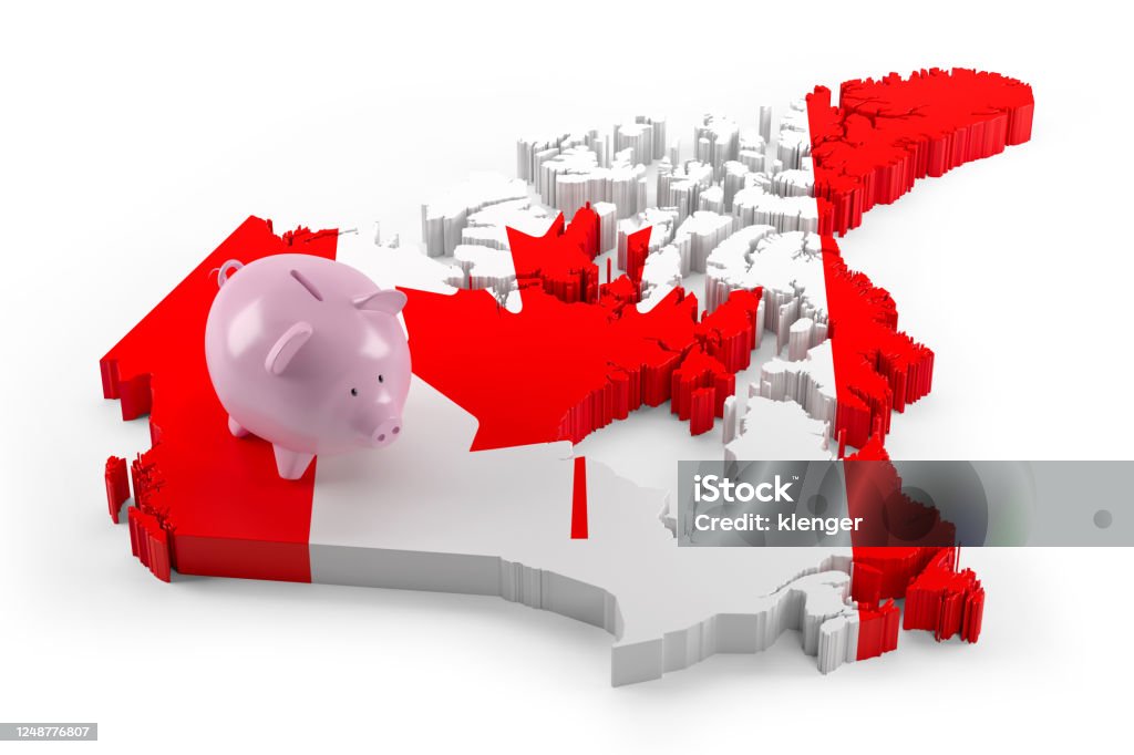 Canada Flag Map on Piggy Ban8 Canada Flag Map on Piggy Bank. 3d illustration Finance Stock Photo