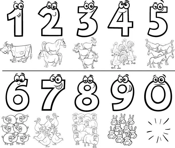 Vector illustration of cartoon numbers set color book with farm animals