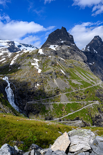 View from the mountains on the famous Trollstigen serpentine mountain road