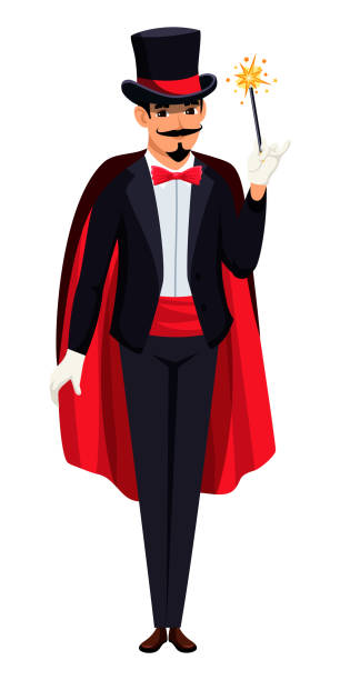 ilustrações de stock, clip art, desenhos animados e ícones de magician in tailcoat, hat, cloak isolated on white - magic circus wand circus theatrical performance stage theater
