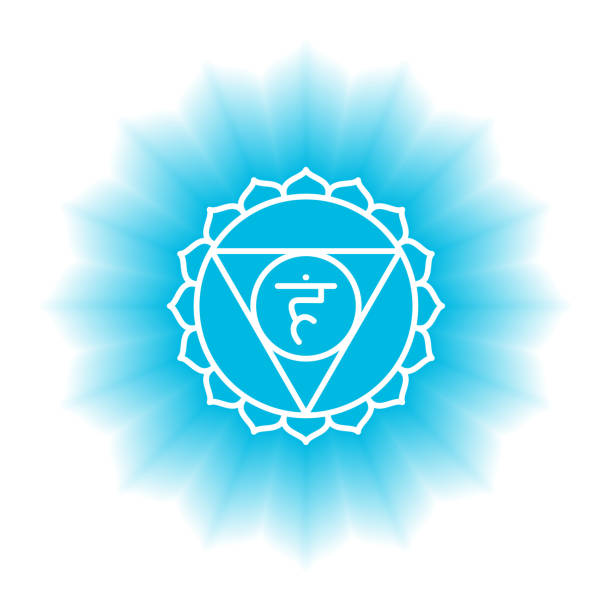 vishuddha-symbol. das fünfte gutturale chakra. vektorblauer glanz und glanz. liniensymbol. sakrale zeichen. meditation - vishuddha stock-grafiken, -clipart, -cartoons und -symbole