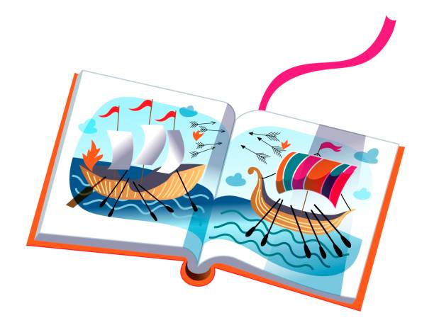 illustrazioni stock, clip art, cartoni animati e icone di tendenza di libro per bambini sulla storica battaglia navale delle navi, avventure nautiche, storia dei pirati - naval flag