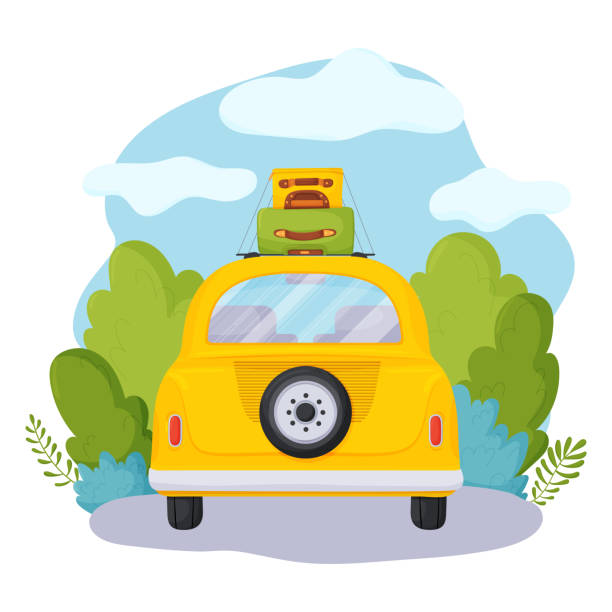 illustrazioni stock, clip art, cartoni animati e icone di tendenza di viaggiare in auto. vista dal retro di un'auto con bagagli sullo sfondo di strade e alberi, cielo e nuvole. - car rear view behind car trunk