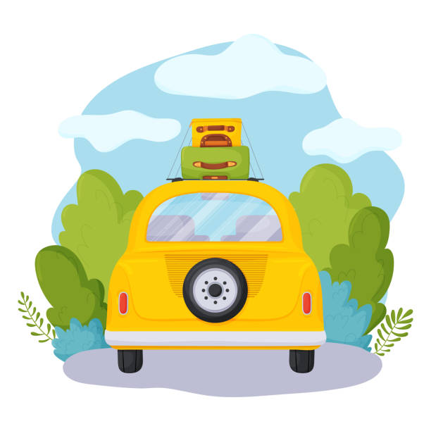 ilustrações, clipart, desenhos animados e ícones de viajando de carro. vista da parte de trás de um carro com bagagem no fundo de estradas e árvores, céu e nuvens. - car rear view behind car trunk