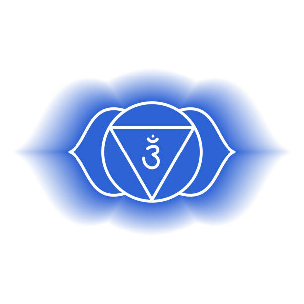 ilustraciones, imágenes clip art, dibujos animados e iconos de stock de icono de ajna. el sexto chakra frontal. tercer ojo. brillo y brillo azul índigo vectorial. símbolo de línea. signo sacro. meditación - om symbol lotus hinduism symbol