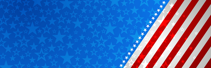 Web banner with elements of the American national flag, red and blue stars. Decorative USA banner suitable for background, headers, posters, cards, website. Vector illustration