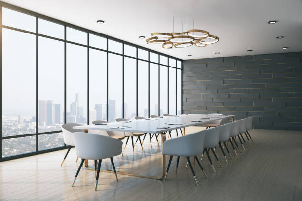 istock Conference office room with panoramic megapolis city view. 1248784822