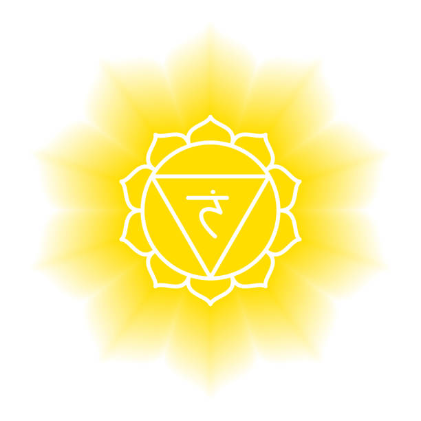 ilustrações, clipart, desenhos animados e ícones de ícone manipura. o terceiro chakra solar. brilho amarelo vetor e brilho. símbolo de linha. sinal sacral. meditação - om symbol lotus hinduism symbol