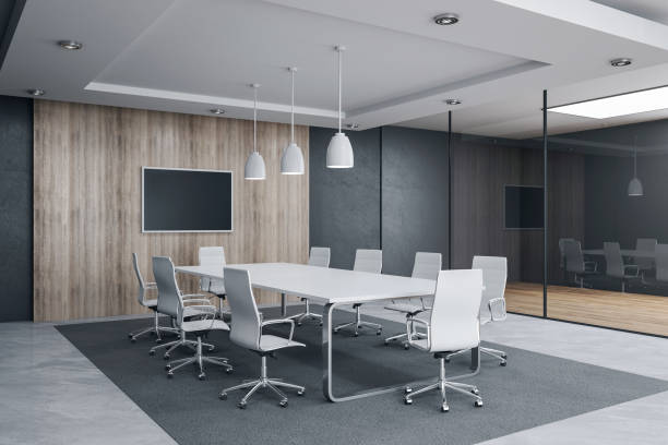 Modern meeting room interior with empty tv screen and sunlight. Modern meeting room interior with empty tv screen and sunlight. Workplace and company concept. 3D Rendering meeting room stock pictures, royalty-free photos & images