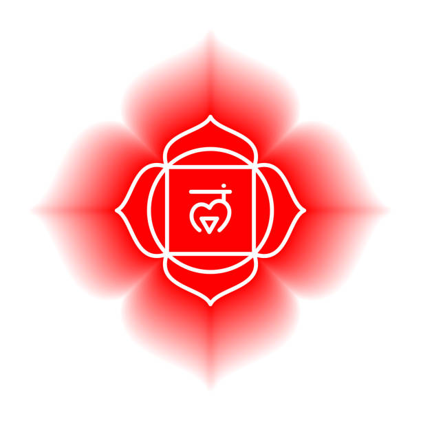 ムラダラのアイコン。最初のルートチャクラ.ベクトルレッドの輝き。ライン シンボル。仙骨記号。瞑想 - chakra yoga lotus meditating点のイラスト素材／クリップアート素材／マンガ素材／アイコン素材