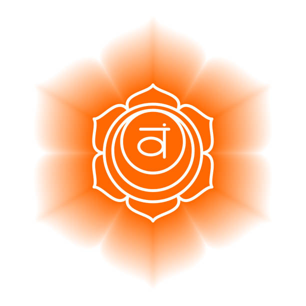 swadhisthana-ikone. das zweite sakrale chakra. vektor orange glanz und glanz. liniensymbol. meditationszeichen - wirbelkanal stock-grafiken, -clipart, -cartoons und -symbole