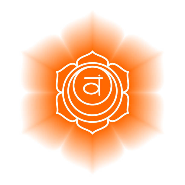 istock Swadhisthana icon. The second sacral chakra. Vector orange gloss and shine. Line symbol. Meditation sign 1248785434