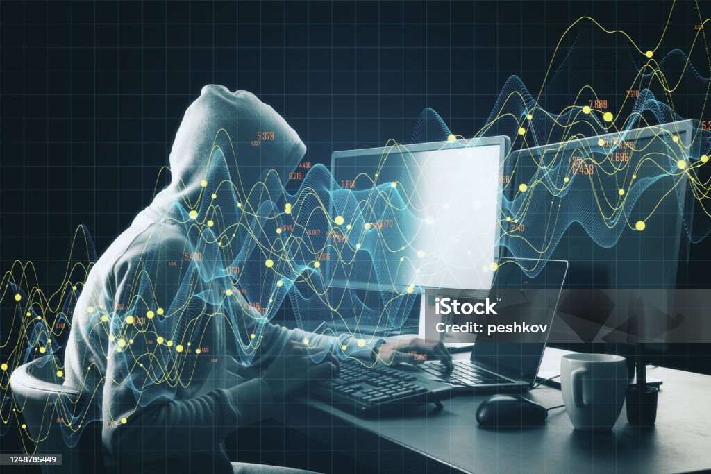 Hacker Using Computer With Abstract Glowing Chart Stock Photo ...