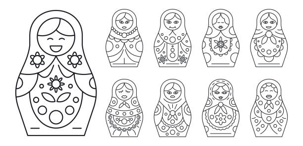 러시아어 matryoshka 아이콘 세트, 윤곽 스타일 - russian culture traditional culture souvenir folk music stock illustrations