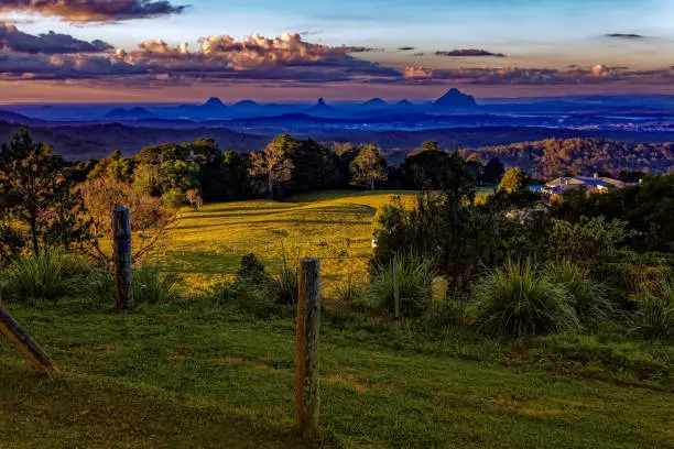 Sunrise from Mary Cairncross Gardens looking over the Glasshouse Mountains, QLD, Australia