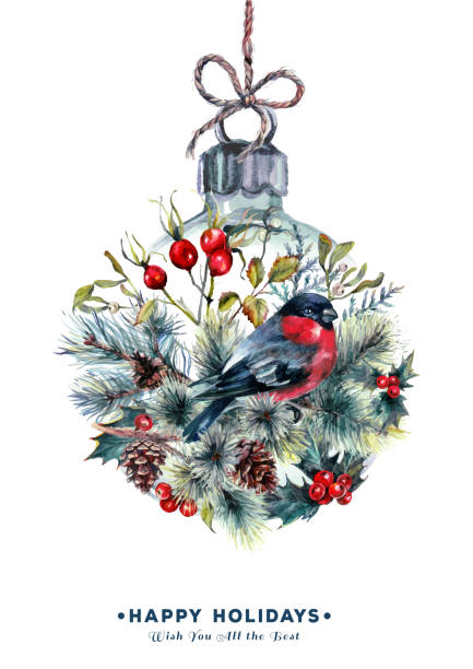 акварель рождественский бал карты - tree winter bird branch stock illustrations