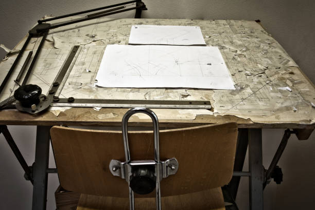 drawing table with blueprints, architect table, vintage, sketches close up drawing table with blueprints, architect table, vintage, sketches close up with chair drawing board stock pictures, royalty-free photos & images