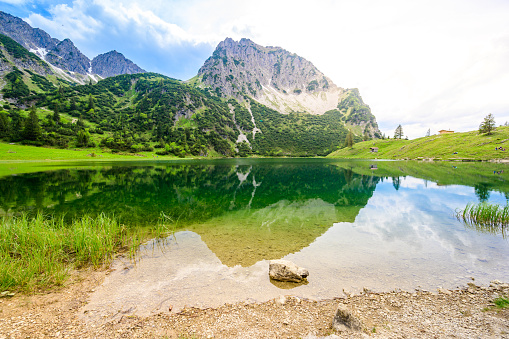 Beautiful landscape scenery of the Gaisalpsee and Rubihorn Mountain at Oberstdorf, Reflection in Mountain Lake, Allgau Alps, Bavaria, Germany