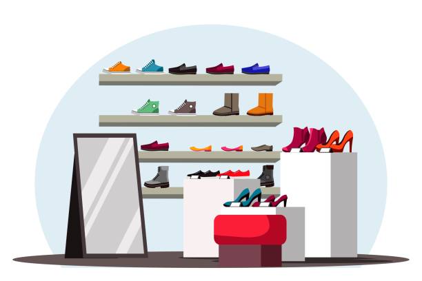 ilustrações de stock, clip art, desenhos animados e ícones de vector flat illustration of interior design of shoe store background - boutique fashion indoors shopping