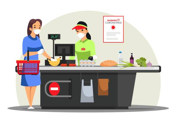 ilustrações de stock, clip art, desenhos animados e ícones de masked woman buys food in supermarket, social distancing in store - supermarket worker