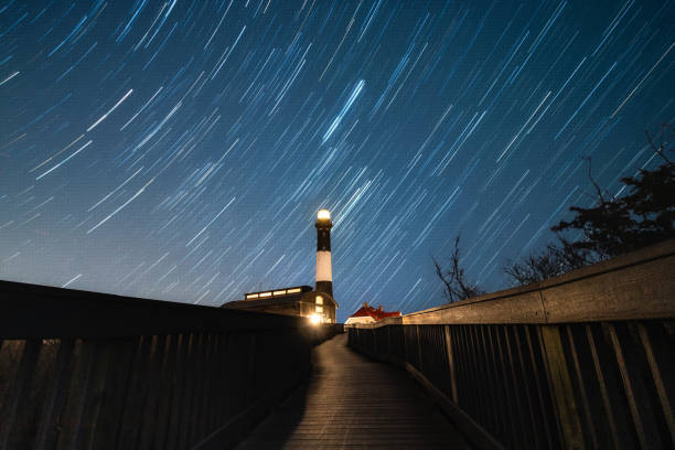 istock Star trails streaking across a night sky with a lighthouse beacon illuminating the way. Fire Island, NY 1248797205