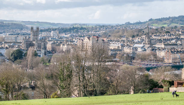 a view of bath from the skyline looking down into the city of bath bath abbey stock pictures, royalty-free photos & images