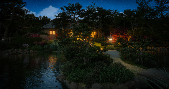 Digitally generated traditional Japanese garden with ponds at night.\n\nThe scene was rendered with photorealistic shaders and lighting in Corona Renderer 5 for Autodesk® 3ds Max 2020 with some post-production added.