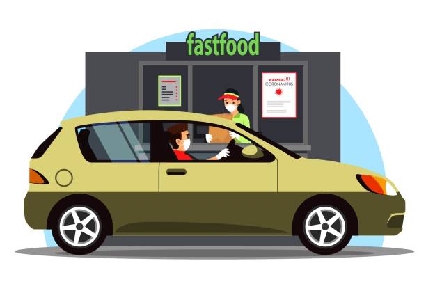 Masked driver in car takes fast food order at Drive Thru counter Driver in car takes fast food order at Drive Thru counter. People wearing medical protection masks, gloves. Vector illustration of distance service scene in coronavirus pandemic, infection prevention quick service restaurant cashier stock illustrations