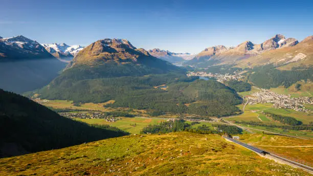 Panoramic view from Muottas Muragl (Graubünden, Switzerland) of Pontresina, Val Roseg, the Upper Engadine Valley and the four Upper Engadine Lakes (Champfer, St. Moritz, Silvaplana, Sils)