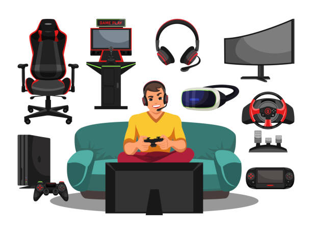 illustrazioni stock, clip art, cartoni animati e icone di tendenza di cyber sport pro gamer, equipaggiamento e set di accessori - leisure games computer monitor equipment joystick