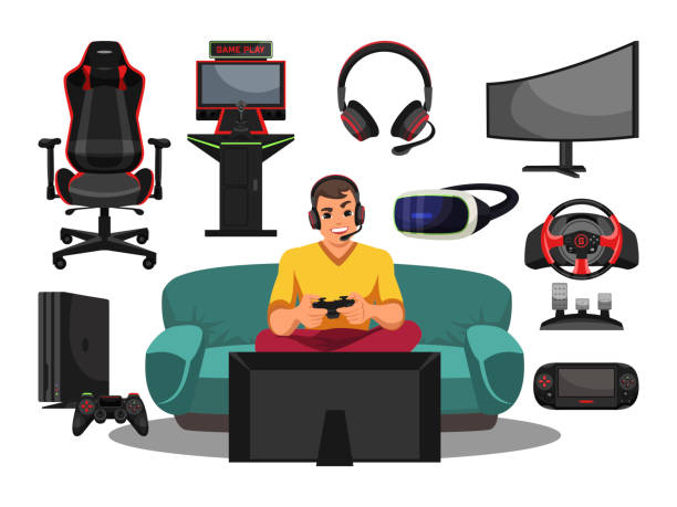 Cyber sport pro gamer, equipment and accessory set Cyber sport pro gamer, equipment and accessory set. Excited young man in headset with mic playing streaming video game match on console sitting front of television screen. Internet technology video game stock illustrations