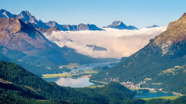 Panoramic view from Muottas Muragl (Graubünden, Switzerland) of the Upper Engadine Valley and the Upper Engadine Lakes Lake Silvaplana and Sils. It is a viewpoint accessible by funicular railway