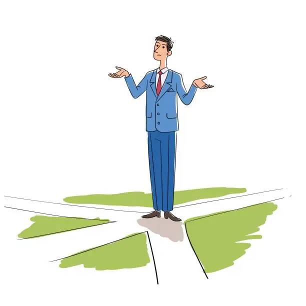 Vector illustration of Thoughtful businessman standing on crossroads