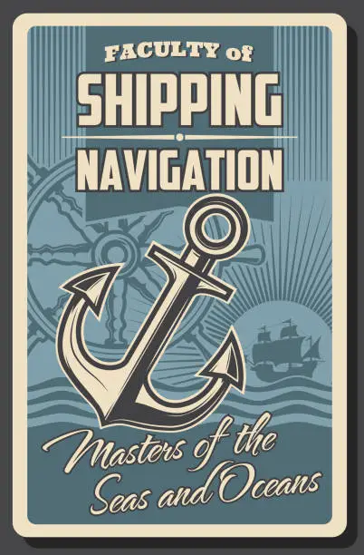 Vector illustration of Sea ship helm and anchor. Nautical navigation