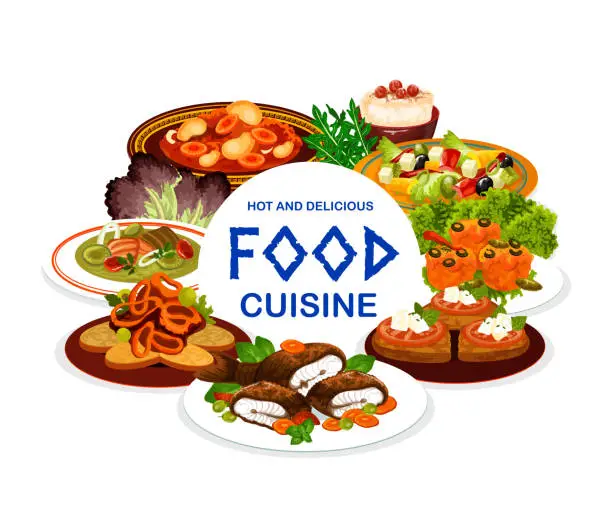 Vector illustration of Greek cuisine food of vegetable, meat and fish