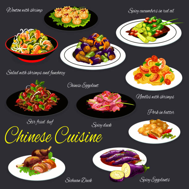 ilustrações de stock, clip art, desenhos animados e ícones de chinese food of vegetable, meat and asian seafood - prawn prepared shrimp chili pepper spice