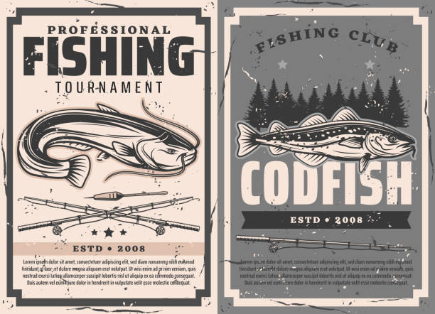 Fishing sport rods, catfish and cod fish Fishing rods, catfish and cod fish vector design of fisherman sport club tournament. Fish with fisher tackle, reels, lines and float retro posters of outdoor recreation, hobby, sporting competition sheatfish stock illustrations