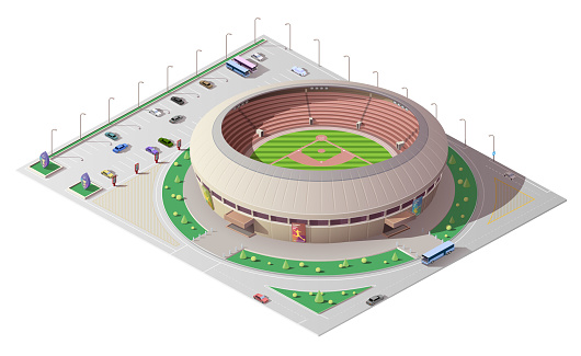 Stadium isometric building of baseball sport. 3d vector sporting arena with green play field, tribunes and floodlights, car and bus parking, street and road, architecture, city infrastructure design