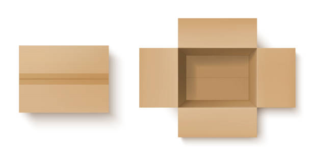 Realistic cardboard box mockup of delivery package Brown cardboard box realistic mockup of delivery packages vector design. Open and closed carton parcel, top view of empty shipping or storage packaging containers carton stock illustrations