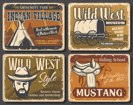 Wild West retro posters of Western cowboy with hat, rodeo horse and Texas sheriff gun. Native american or indian teepee, old wagon and mustang saddle, Wild West and Western museum vector design