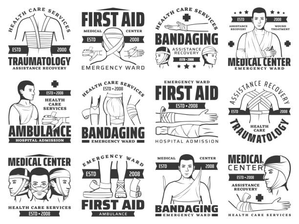 illustrations, cliparts, dessins animés et icônes de bandages de blessures et de fractures. icônes de premiers soins - bandage wound first aid gauze