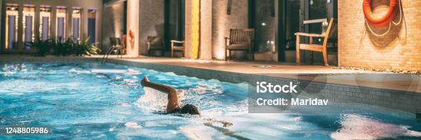 Swimming Pool Of Condo Buildings Reopening After Covid19 Confinement Swimmer Woman Doing Crawl In Public Pool Banner Panoramic Stock Photo - Download Image Now