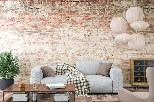 istock Retro living room with sofa brick wall background 1248806554