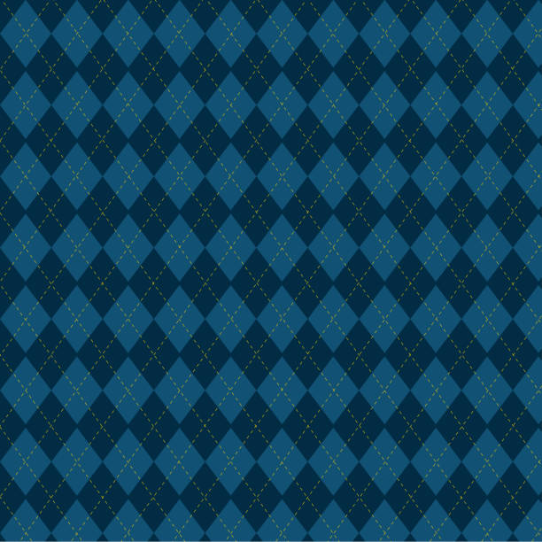 argyle vektor-muster. marineblau mit dünner gelb gepunkteter linie - tartan plaid textured pattern stock-grafiken, -clipart, -cartoons und -symbole