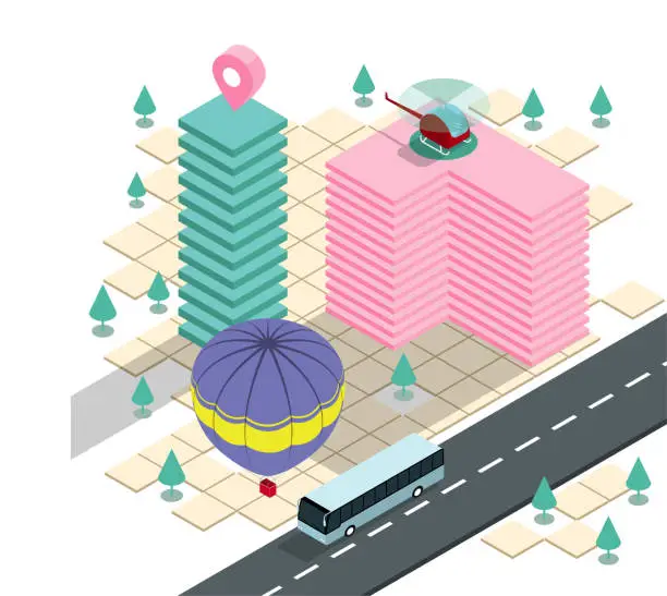Vector illustration of Vector drawn city scene, helicopter parked on the pink roof, a bus on the highway, the image contains hot air balloons and trees.
